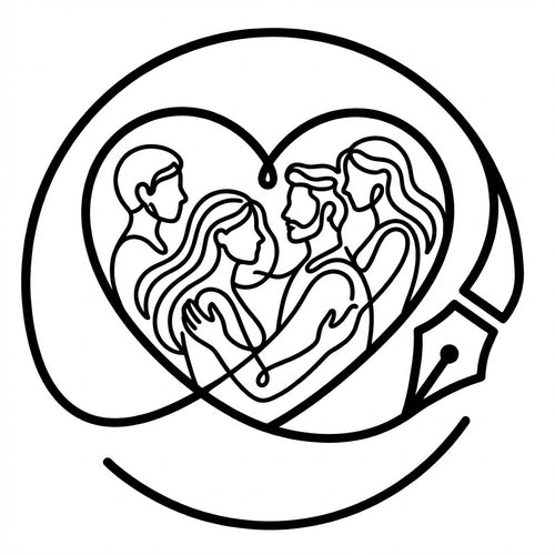 Custom continuous line drawing of a family forming a heart shape, paired with bespoke personalized poetry.