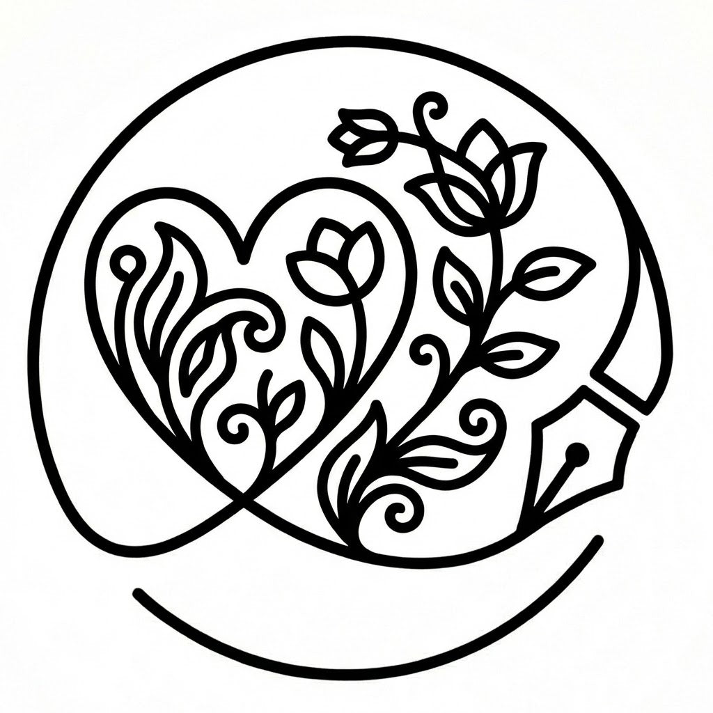 Continuous line art of a heart intertwined with leaves and flowers for a custom plant and garden tribute gift.
