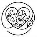 Minimalist continuous line art of a dog, cat, bird, and rabbit inside a heart shape, representing a custom pet memorial poetry gift.