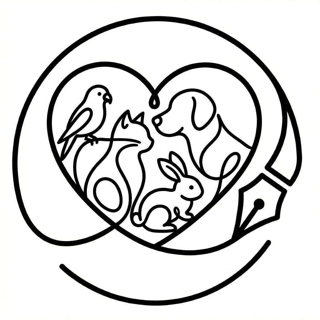 Minimalist continuous line art of a dog, cat, bird, and rabbit inside a heart shape, representing a custom pet memorial poetry gift.